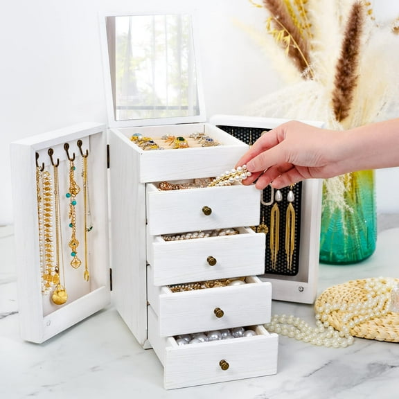 Jewelry Box Jewrlry Organizer, Wooden Jewelry Boxes for Women Jewelry Box for Girls, Gift Jewelry Box with 4 Drawers and Mirror -White