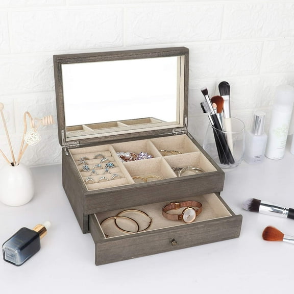 Jewelry Box Jewrlry Organizer, Wooden Jewelry Boxes for Women Jewelry Box for Girls, Gift Jewelry Box with Drawer and Mirror -Weathered Grey