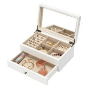 Jewelry Box Jewrlry Organizer, Wooden Jewelry Boxes for Women Jewelry Box for Girls, Gift Jewelry Box with Drawer and Mirror -White