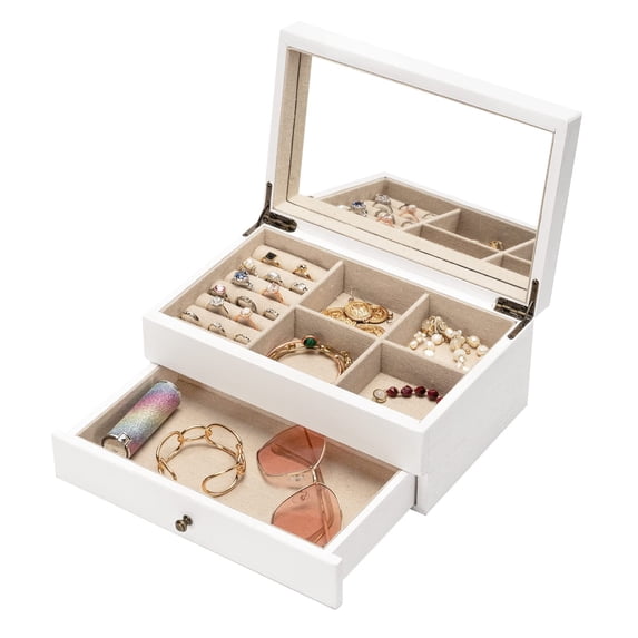 Jewelry Box Jewrlry Organizer, Wooden Jewelry Boxes for Women Jewelry Box for Girls, Gift Jewelry Box with Drawer and Mirror -White