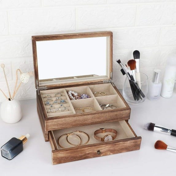 Jewelry Box Jewrlry Organizer, Wooden Jewelry Boxes for Women Jewelry Box for Girls, Gift Jewelry Box with Drawer and Mirror