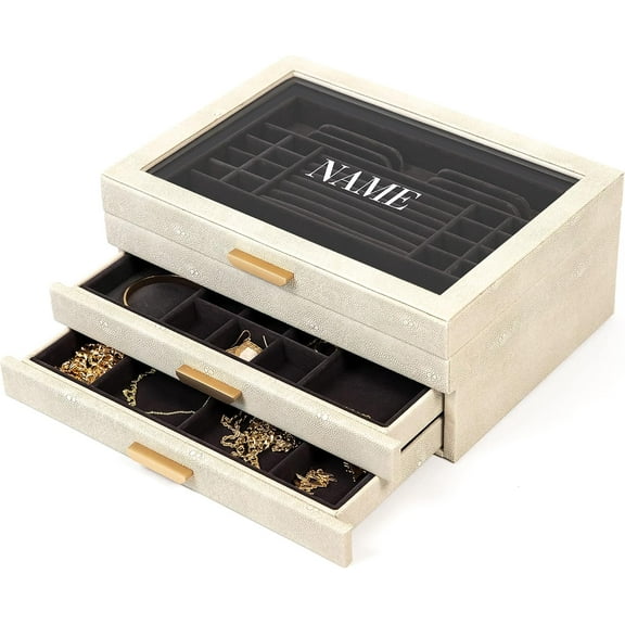 Jewelry Box Large 3 Tier, Storage Case Organizer for Women Girls Wife, Glass Lid for Earrings Bracelets Rings Necklaces, Sha green Vegan Leather, Velvet Lined Jewelry Box, Brass Hardware