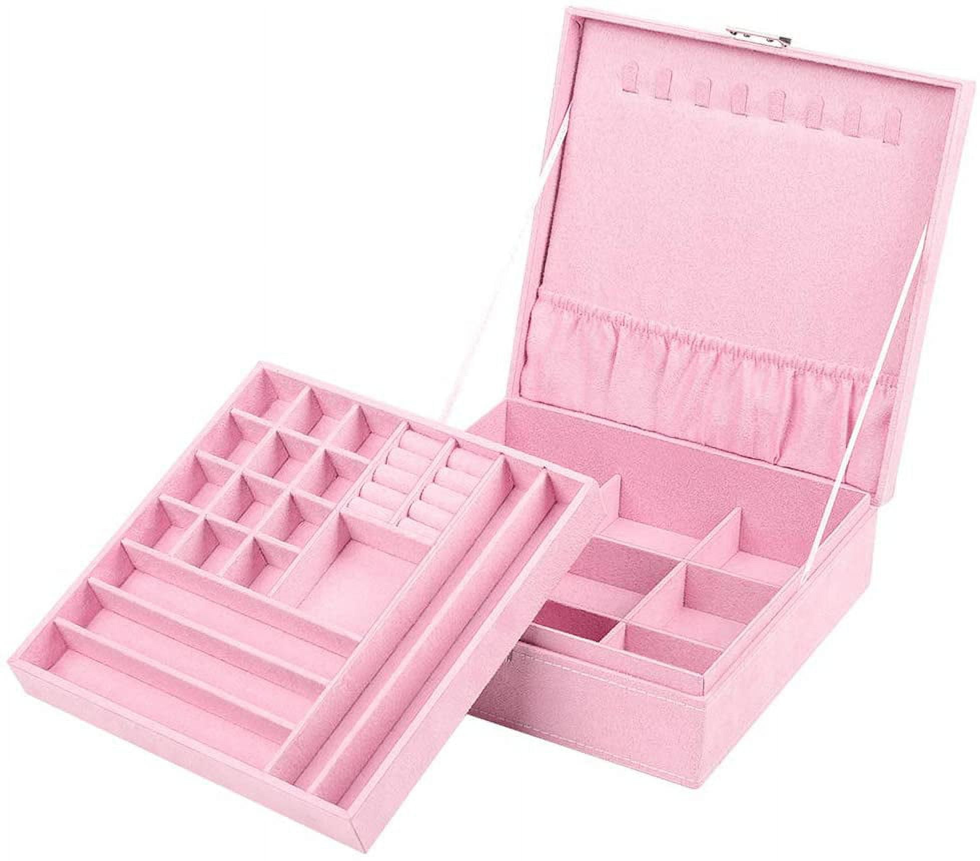 Jewelry Box Organizer, 2 Layers Lint Jewelry Display Storage Case with Lock - Pink