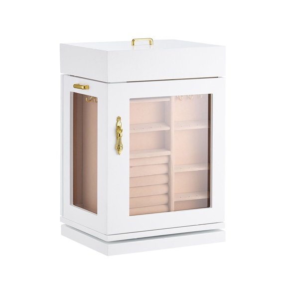 Jewelry Box Organizer, 360 Rotating Jewelry Case with Magnetic Closure, Acrylic Window & Necklace Hooks - White