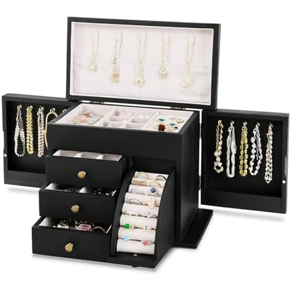 Jewelry Box Organizer, Solid Wood Jewelry Boxes for Women, Double Layer Jewelry Organizer Box Display Earring Necklace Bracelet Ring, Rustic Style Small Jewelry Box for Girls (Black)