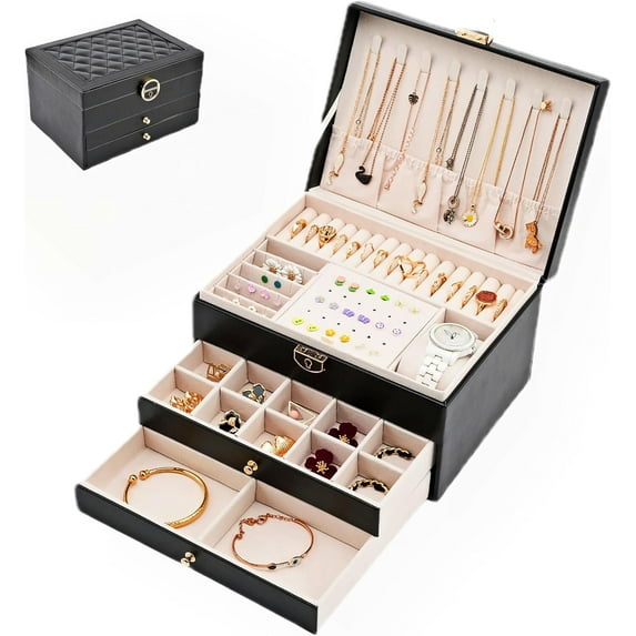 Jewelry Box Organizer for Women/Girls, 3-Layer Large PU Leather Jewelry Storage Case, Ideal Gift for Mother's Day, Lockable Jewelry Holder for Rings, Earrings, Necklaces, Bracelets (Black)