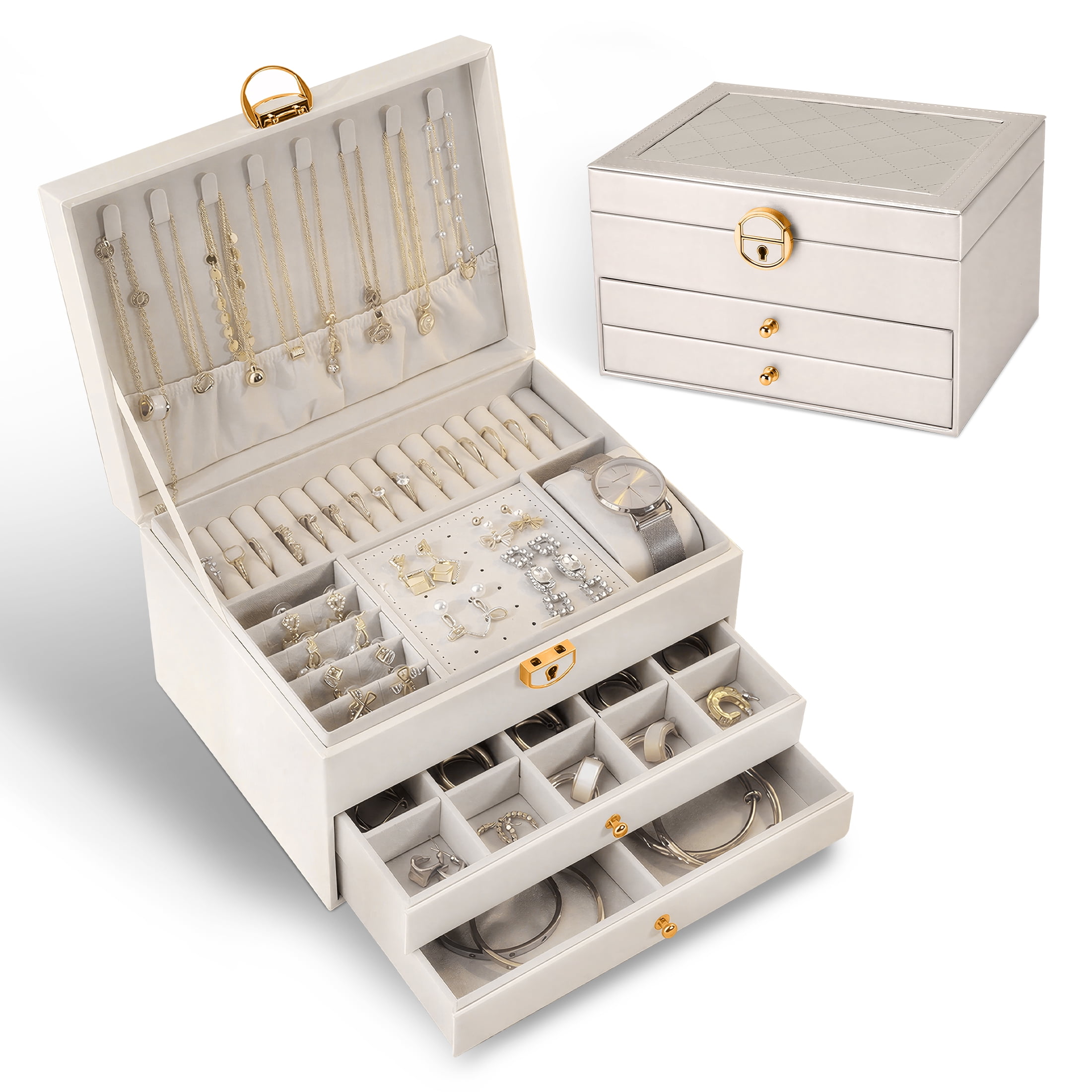 Jewelry Box Organizer for Women Girls, PU Leather Jewelry Organizer Storage, 2 Layers Jewellery Case Holder for Earrings Bracelets Rings Watches, White
