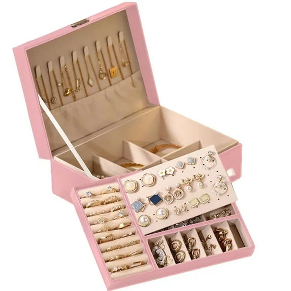 Jewelry Box Organizer for Women Girls - Portable and Stylish 2-Layer Jewelry Storage Case for Rings, Bracelets, Necklaces, Watches, Earrings and More, with Detachable Compartments - Pink