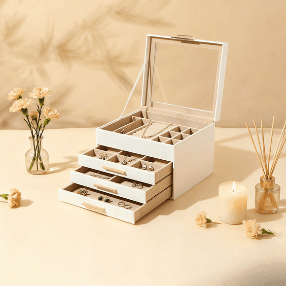 JDNRXO Jewelry Box Organizer with Glass Lid, 4-Layer Jewelry Storage, with 3 Drawers, Modern Style, 8 x 9.1 x 6.5 Inches, Cloud White and Gold Color