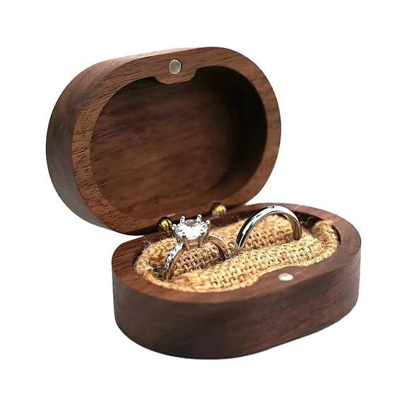 Jewelry Box, Ring Box, Dark Brown Wood Oval Simple Pair Ring Packing Box with Soft Burlap Inner Lining and Magnet Closure to Securely Hold Your Ring in Place Fits Most Ring Size