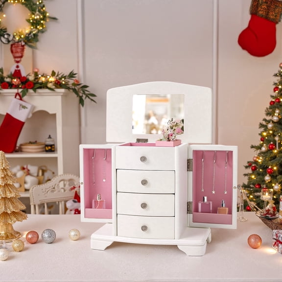 Stufurhome White Wooden Jewelry Box Organizer with Mirror, 5-Drawer Jewelry Chest for Rings, Earrings & Necklaces