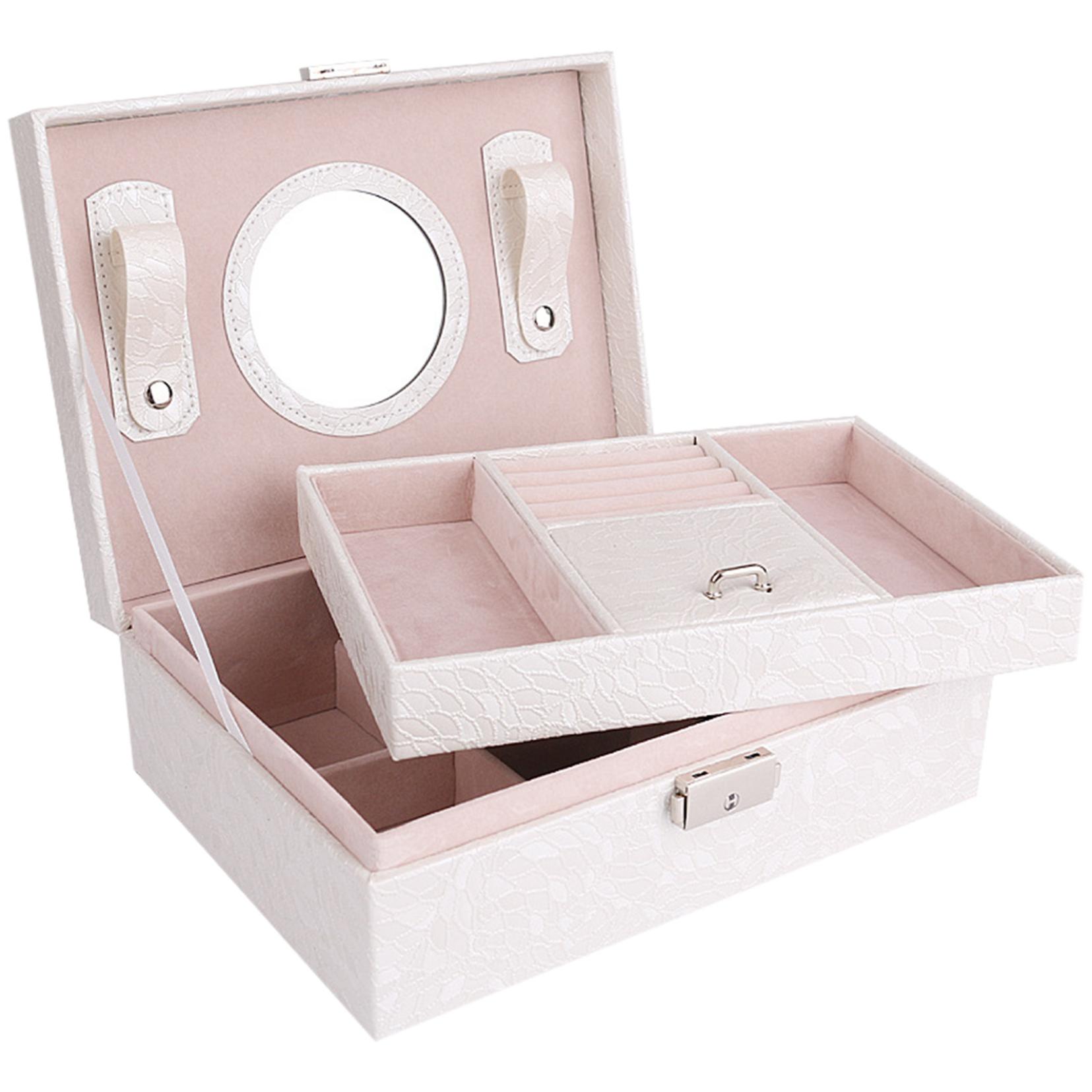 Jewelry Box With Lock And Mirror Jewelry Organizer Storage Case With 2-Layers Display For Earrings Bracelets Rings Watches