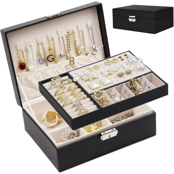Jewelry Box for Women, 2 Layers Large Leather Jewelry Organizer Storage Case,Jewellery Holder with Removable Pad for Necklace Earrings Rings Bracelets -Black Box Jewelry Organizer