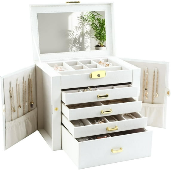 Jewelry Box for Women, 5-Layer Jewelry Organizers Box, Large Jewelry Storage Box for Girls, Jewelry Holder Organizers Gift for Valentine's Day, Christmas, New Year (White)