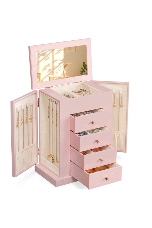 Leather Jewelry Box for Women, 5 Layer Large Jewelry Organizers Box for Necklaces Earrings Rings Bracelets, Organizer with Drawers and Mirror, Pink