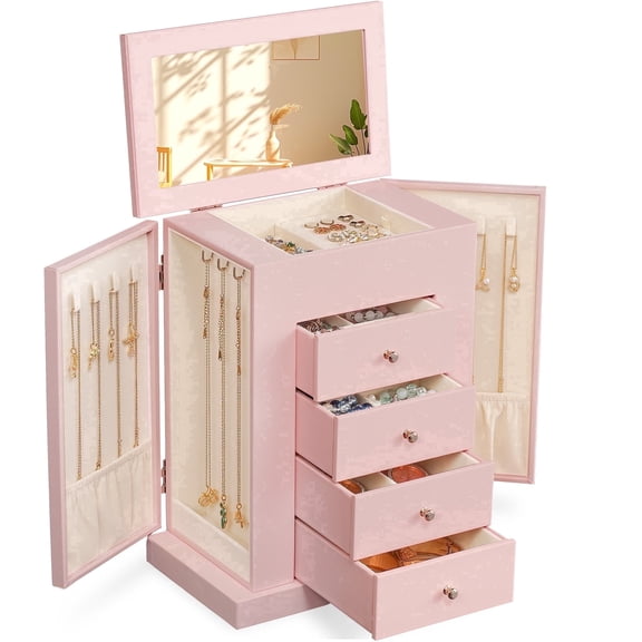 Leather Jewelry Box for Women, 5 Layer Large Jewelry Organizers Box for Necklaces Earrings Rings Bracelets, Organizer with Drawers and Mirror, Pink