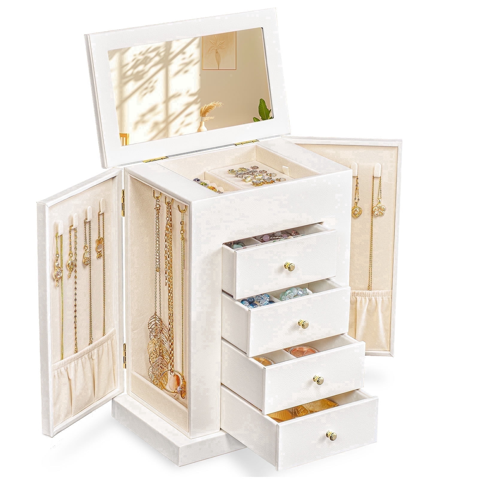 Jewelry Box for Women, 5 Layer Large Leather Boxes & Organizers for Necklaces Earrings Rings Bracelets, Organizer with Drawers and Mirror, White