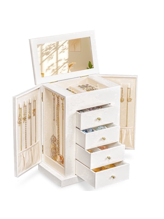 Jewelry Box for Women, 5 Layer Large Leather Boxes & Organizers for Necklaces Earrings Rings Bracelets, Organizer with Drawers and Mirror, White