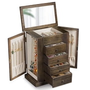 Jewelry Box for Women, 5 Layer Large Wood Boxes & Organizers for Necklaces Earrings Rings Bracelets, Rustic Organizer with Drawers and Mirror, Light Taupe