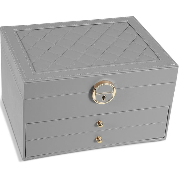 Jewelry Box for Women Girl Wife 3 Layers Large PU Leather Jewelry Organizer Storage Case with Two drawers Display for Earrings Bracelets Rings Watches (Grey)
