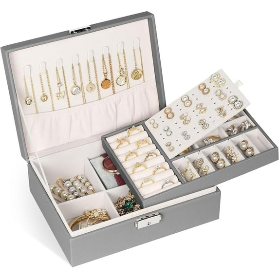Jewelry Box for Women Girl Wife - Large PU Leather Jewelry Organizer Storage Case with Removable Pad,Portable Jewellery Storage Holder Display for Earrings Bracelets Rings Watches (Gray)