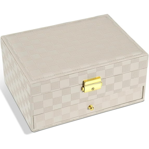 Jewelry Box for Women Girl Wife - Large PU Leather Jewelry Organizer Storage Case with Two Layers Display for Earrings Bracelets Rings Watches (Light Khaki)