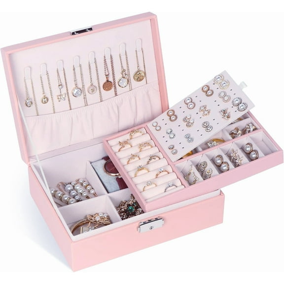 Jewelry Box for Women Girls, 2 Layers Jewelry Organizer Container with Lock, PU Leather Storage Case with Removable Tray, Jewelry Display Box for Necklaces Earrings Bracelets Rings Watches, Pink