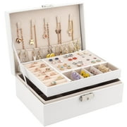 Jewelry Box for Women Girls, 2 Layers Jewelry Organizer Container with Lock, PU Leather Storage Case with Removable Tray, Jewelry Display Holder for Necklaces Earrings Bracelets Rings Watches - White