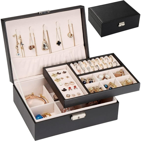 Jewelry Box for Women Girls, 2 Layers Jewelry Organizer Container with Lock, PU Leather Storage Case with Removable Tray, Jewelry Display Holder for Necklaces Earrings Bracelets Rings Watches White