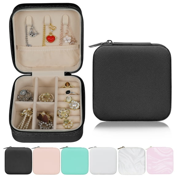 Keyroal Travel Jewelry Box for Women, PU Leather Jewelry Organizer Case with Removable Dividers, Portable for Necklace, Ring, Earring Storage, Gift for Girls (Black)