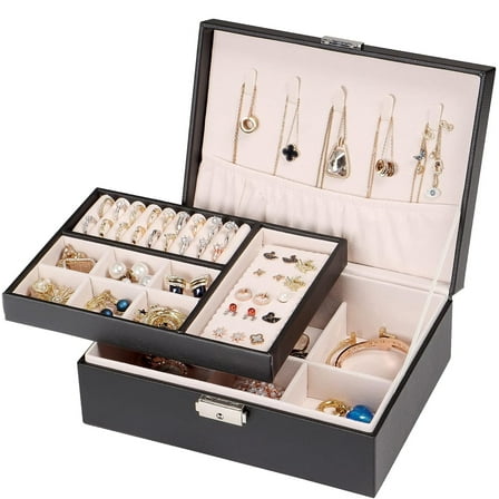 GoXteam Jewelry Box for Women, 2 Layers Large Leather Jewelry Organizer Storage Case with Removable Pad for Earrings (Black）