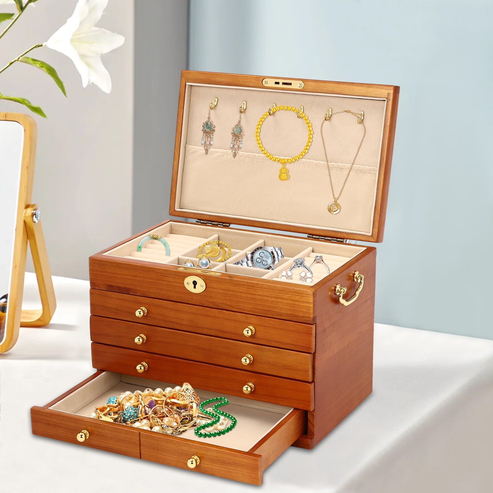 Jewelry Box Wooden Watches Organizer Necklace Ring Storage Box with Combo Lock Brown Walmart