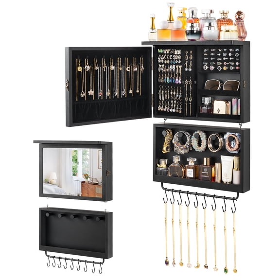 Jewelry Box for Wall Mount, Wooden Jewelry Boxes & Organizers with Mirror, Jewelry Organizer Box Display for Rings Earrings Necklaces Bracelets Black