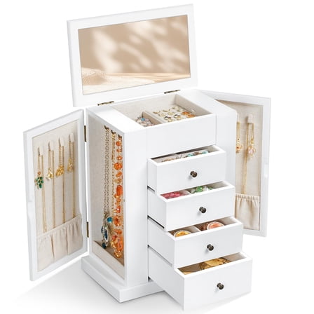 Jewelry Box for Women, 5 Layer Large Wood Boxes & Organizers for Necklaces Earrings Rings Bracelets, Rustic Organizer with Drawers and Mirror, White