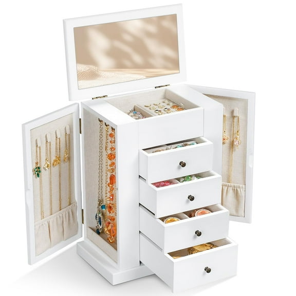 Jewelry Box for Women, 5 Layer Large Wood Boxes & Organizers for Necklaces Earrings Rings Bracelets, Rustic Organizer with Drawers and Mirror, White