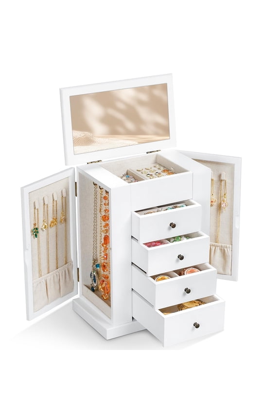 Jewelry Box for Women, 5 Layer Large Wood Boxes & Organizers for Necklaces Earrings Rings Bracelets, Rustic Organizer with Drawers and Mirror, White