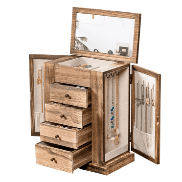 Jewelry Box for Women, 5 Layer Large Wood Boxes & Organizers for Necklaces Earrings Rings Bracelets, Rustic Organizer with Drawers and Mirror