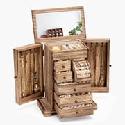 Jewelry Box for Women, 6 Layer Rustic Wooden Jewelry Boxes & Organizers with Mirror & Drawers for Rings Earrings Necklaces(Carbonized Black)