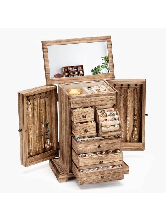Jewelry Box for Women, 6 Layer Rustic Wooden Jewelry Boxes & Organizers with Mirror & Drawers for Rings Earrings Necklaces(Carbonized Black)