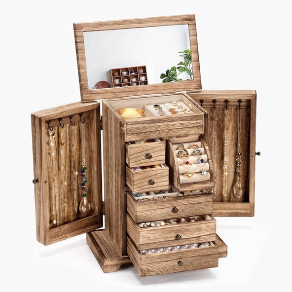 Jewelry Box for Women, 6 Layer Rustic Wooden Jewelry Boxes & Organizers with Mirror & Drawers for Rings Earrings Necklaces(Carbonized Black)
