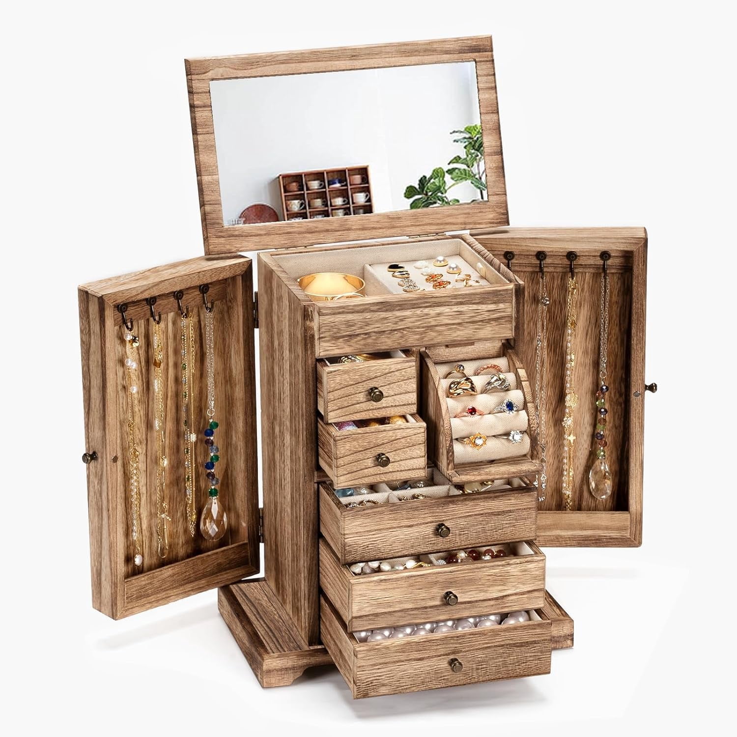 Jewelry Box for Women, 6 Layer Rustic Wooden Jewelry Boxes & Organizers with Mirror & Drawers for Rings Earrings Necklaces(Carbonized Black)