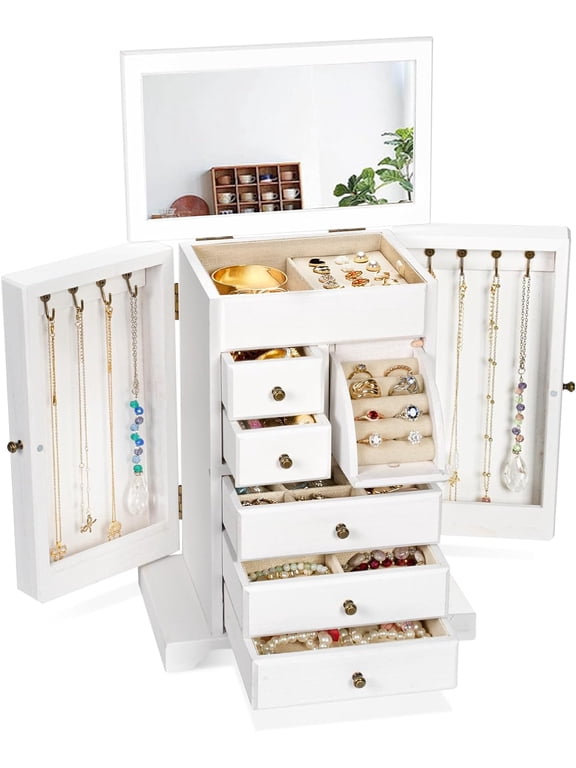 Jewelry Box for Women, 6 Layer Rustic Wooden Jewelry Boxes & Organizers with Mirror & Drawers for Rings Earrings Necklaces(White)