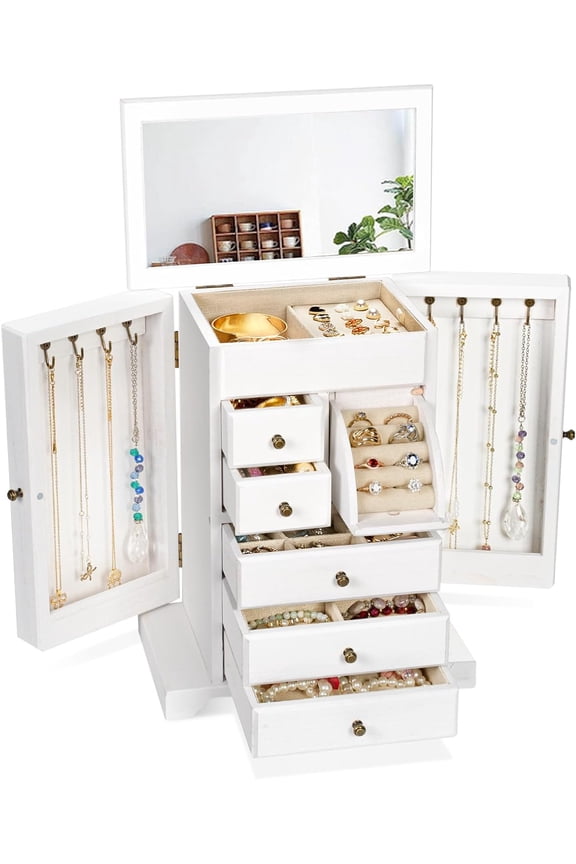 Jewelry Box for Women, 6 Layer Rustic Wooden Jewelry Boxes & Organizers with Mirror & Drawers for Rings Earrings Necklaces(White)