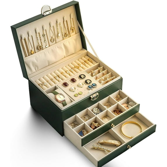 Jewelry Box for Women Girl Wife - Large PU Leather Jewelry Organizer Storage Case with 3 Layers Display for Earrings Bracelets Rings Watches (Green)