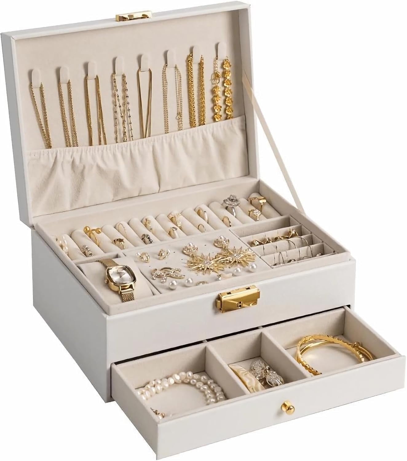 Jewelry Box for Women Girl Wife - Large PU Leather Jewelry Organizer Storage Case with Two Layers Display for Earrings Bracelets Rings Watches, White
