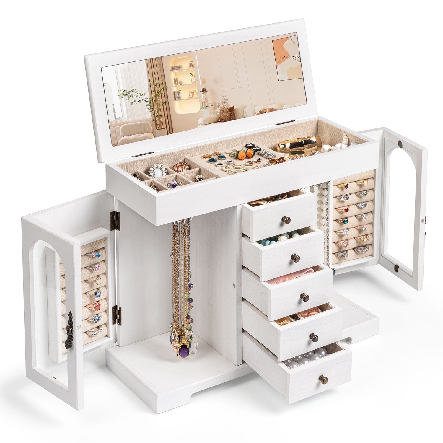 Jewelry Box for Women Girls, Wooden Jewelry Organizer Box with Mirror, 5 Layer Jewelry Storage Case White