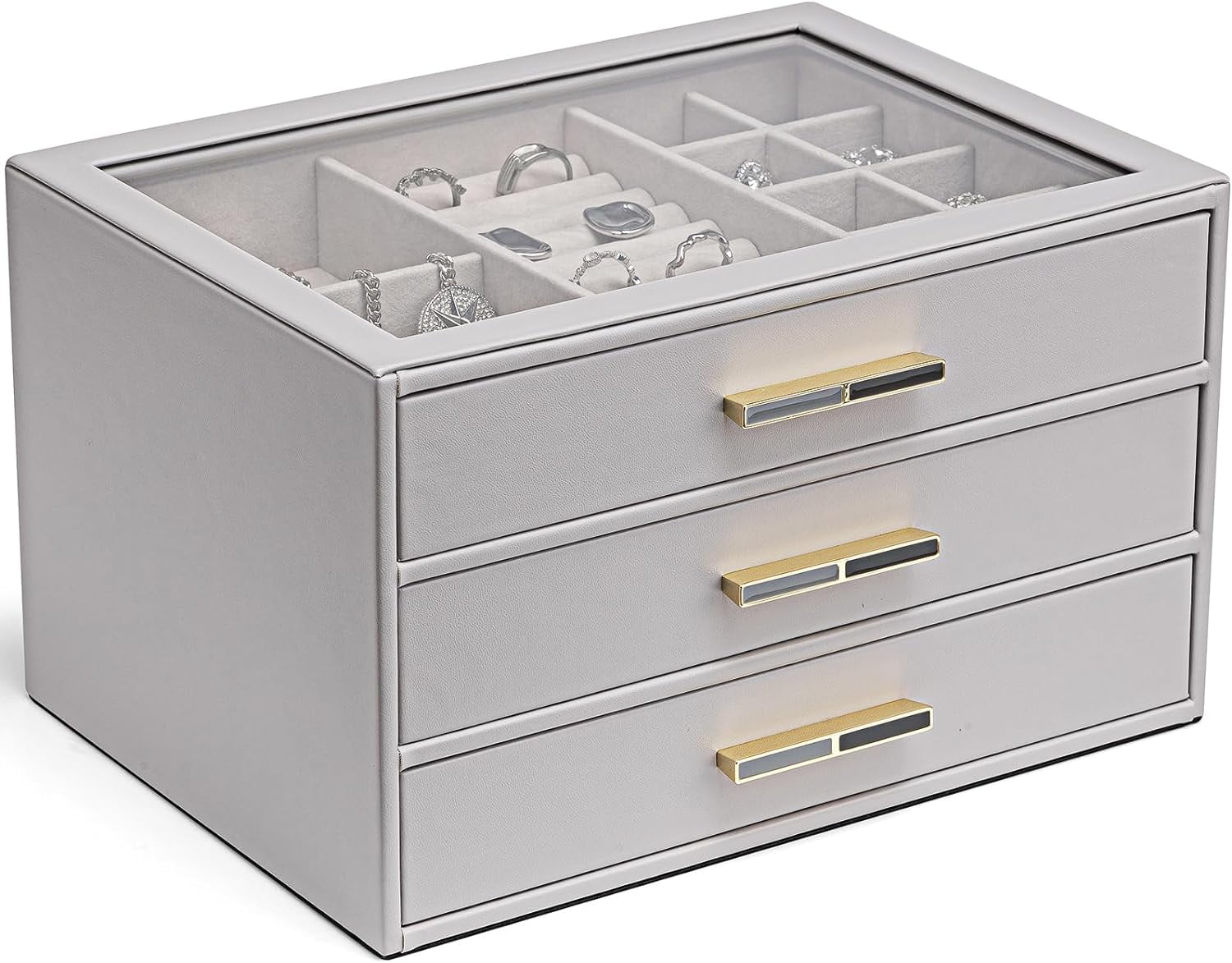 Grey Leather Jewelry Box with Glass Lid and Drawers