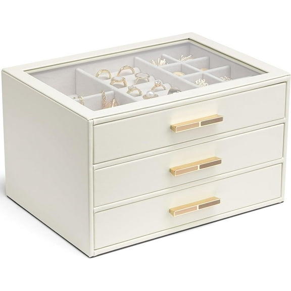 Jewelry Box for Women, Glass Lid Jewelry Organizer with 3 Drawers for Necklaces Rings Earrings Bracelets Mother Day Gift for Mom - Cloud White