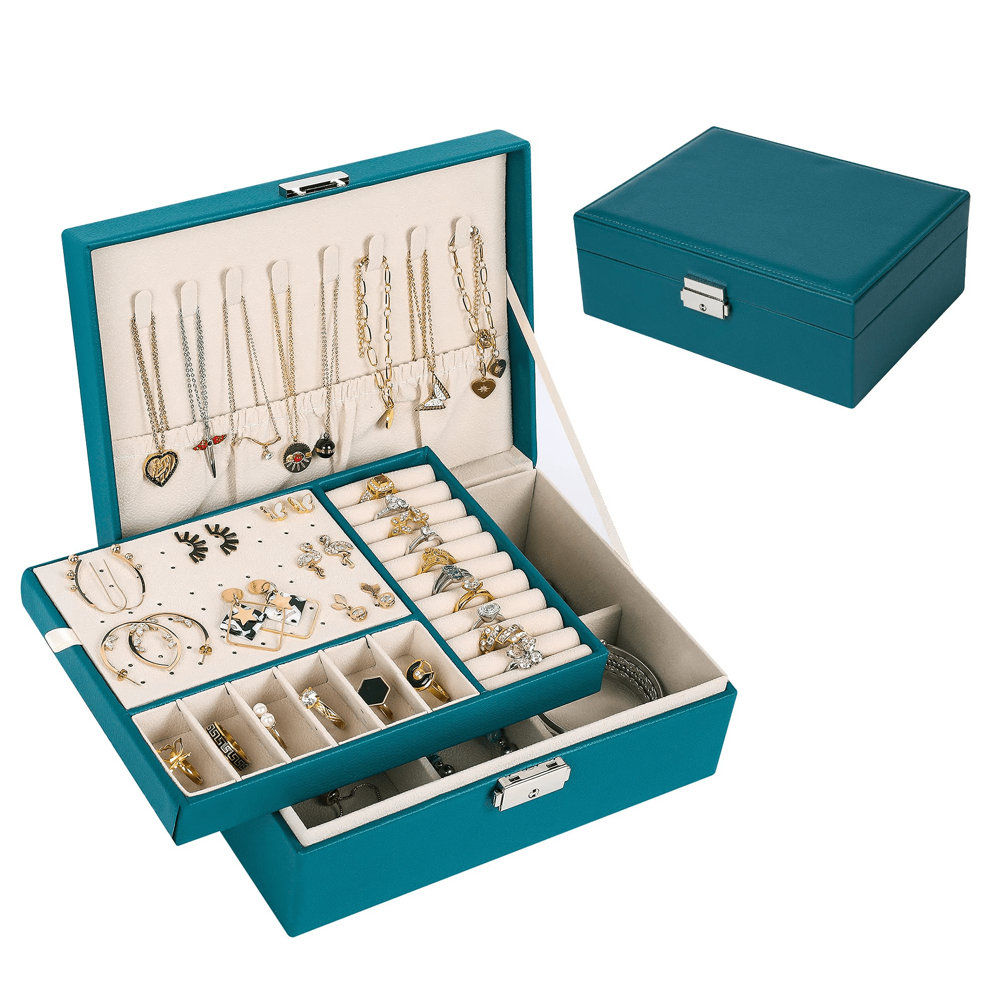 KCY Jewelry Box Organizer for Women Girls,Large PU Leather Jewellery Storage Case with 2 Layers Display Holder & Removeable Tray for Earrings Rings