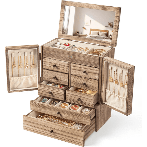 Jewelry Box for Women Wooden Jewelry Boxes 6-Layer Rustic Large Jewelry Organizer Box with Mirror & 8 Drawers Rustic Brown